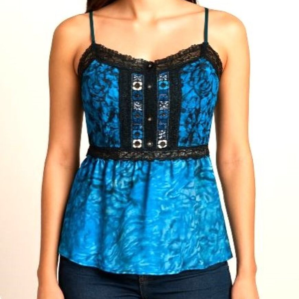 Free People | Swirling Sky Storm Blue Lace Corset Style Smocked Back Tank | 6